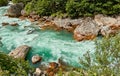 Mountain fresh and cold river in summer time under cloudy sunny blue sky Royalty Free Stock Photo