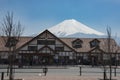Mountain Fuji behind Kawaguchiko Station, Minamitsuru District, Yamanashi Prefecture, Japan on April 2014