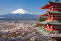 Mountain Fuji and Chureito red pagoda with cherry blossom sakura Royalty Free Stock Photo