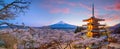 Mountain Fuji and Chureito red pagoda with cherry blossom sakura