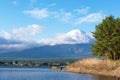 Mountain fuji and clouds and lake kawaguchi at morning at yamanachi in Japan