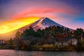 Mountain Fuji and Lake with bueatiful sunrise in winter season