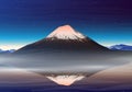 Mountain Fuji, night panoramic view with reflection on the lake kawaguchiko, peaks, landscape early in a daylight