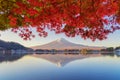 Mountain Fuji with red maple leaves or fall foliage in colorful autumn season near Fujikawaguchiko, Yamanashi. Five lakes. Trees Royalty Free Stock Photo