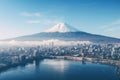 Mountain Fuji San at Kawaguchiko lake. Aerial view of Tokyo cityscape with Fuji mountain in Japan, AI Generated Royalty Free Stock Photo