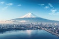 Mountain Fuji San at Kawaguchiko lake in Japan. Aerial view of Tokyo cityscape with Fuji mountain in Japan, AI Generated