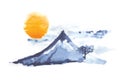 Mountain Fuji and sun, japanese art, vector