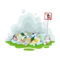 Mountain of garbage in a green meadow. Vector illustration on a white background.