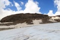 Mountain glacier panorama and alpine hut OberwalderhÃ¼tte in Glockner Group, Austria