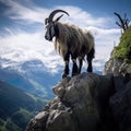 mountain goat , ibex perch on a rocky outcrop, overlooking a breathtaking landscape.