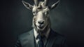 mountain goat long hons head portrait wearing suit on isolated background