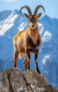 Mountain Goat Perched Gracefully On A Rugged Rock In The Midst Of A Stunning Mountainous Landscape.