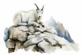 Mountain goat on rocks. Watercolor isolated illustration on white background. Royalty Free Stock Photo