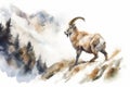 Mountain goat on rocks. Watercolor isolated illustration on white background. Royalty Free Stock Photo