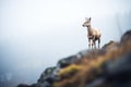 mountain goat standing near cliffs edge with fog below Royalty Free Stock Photo