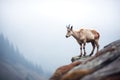 mountain goat standing near cliffs edge with fog below Royalty Free Stock Photo