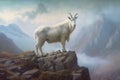 mountain goat standing proudly on a rock with expansive landscape behind it