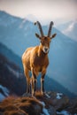 Mountain goat standing on top of snow covered mountain side with mountains in the background. Generative AI Royalty Free Stock Photo