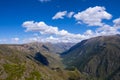 Mountain gorge landscape with cloudy blue sky. Summer nature landscape. River valley panorama. Kora river gorge in Kazakhstan, way Royalty Free Stock Photo
