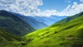 Mountain green alpine valley. Bright Mountains landscape. Hills covered by green grass. Grassy highlands in Svaneti Royalty Free Stock Photo