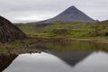 Mountain in a green field in Iceland with its reflection in a small pond under a gloomy sky