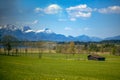 Mountain green valley landscape. Beautiful mountain green valley panorama. Mountain meadow flowers valley view. Mountain valley Royalty Free Stock Photo
