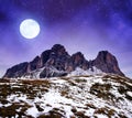 Mountain group Sassolungo Langkofel in the night. South Tyrol, Italy.