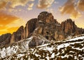 Mountain group Sassolungo Langkofel at sunset, South Tyrol, Italy.