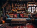 Mountain guesthouse in the Romanian countryside. Authentic interior of a wooden house