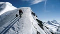 Mountain guide and client on a steep north face slope heading towards the summit with a great view of the surrounding mountain lan