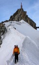 Mountain guide and a male client on a snow ridge heading down from a high summit in the French Alps near Chamonix