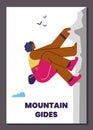 Mountain guides banner with tourist climbing on griff, vector illustration.