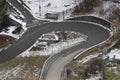Mountain hairpin bend during winter with snow