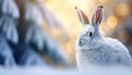 Mountain hare in white fur or pelage. Snowy winter landscape Royalty Free Stock Photo