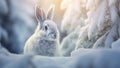 Mountain hare in white fur or pelage. Snowy winter landscape Royalty Free Stock Photo