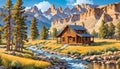 Log cabin homestead western mountain valley nature river wallpaper scene
