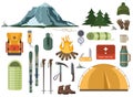 Mountain hike winter ski hiking snowy backpack skiing accessories travel climbing mountaineering vector adventure