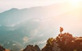 Mountain hiker with backpack tiny figurine stay on mountain peak with breathtaking hills panorama