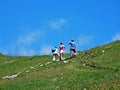 Mountain hikers on the alpine peak of Margelchopf in the Alviergruppe mountain range