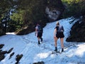 Mountain hikers in the Appenzellerland region and Alpstein mountain range