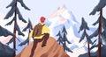 Mountain hiking flat vector illustration. Backpacker exploring wild nature. New horizons and goals concept. Man with