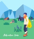 Mountain hiking flat vector illustration. Female tourist cartoon character. Wandering woman. Tour abroad, trip round-the