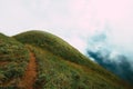 Mountain hill with grass field with sea of fog or white clouds at `Doi MonJong` Chiangmai, Thailand Royalty Free Stock Photo