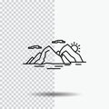 Mountain, hill, landscape, nature, evening Line Icon on Transparent Background. Black Icon Vector Illustration