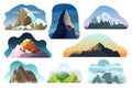 Mountain hill landscape vector illustration set, cartoon different nature high rock, peak with clouds icons isolated on