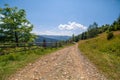 Mountain hills pure nature rural landscape. Fence from wooden logs