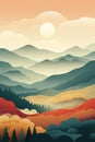 Mountain, hills, sun, moon landscape, Paper cut style, Flat abstract design illustration