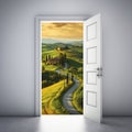 A mountain house path view through an open white door Royalty Free Stock Photo