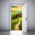 A mountain house path view through an open white door Royalty Free Stock Photo