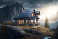 Mountain house with solar panels. Generative AI. Royalty Free Stock Photo